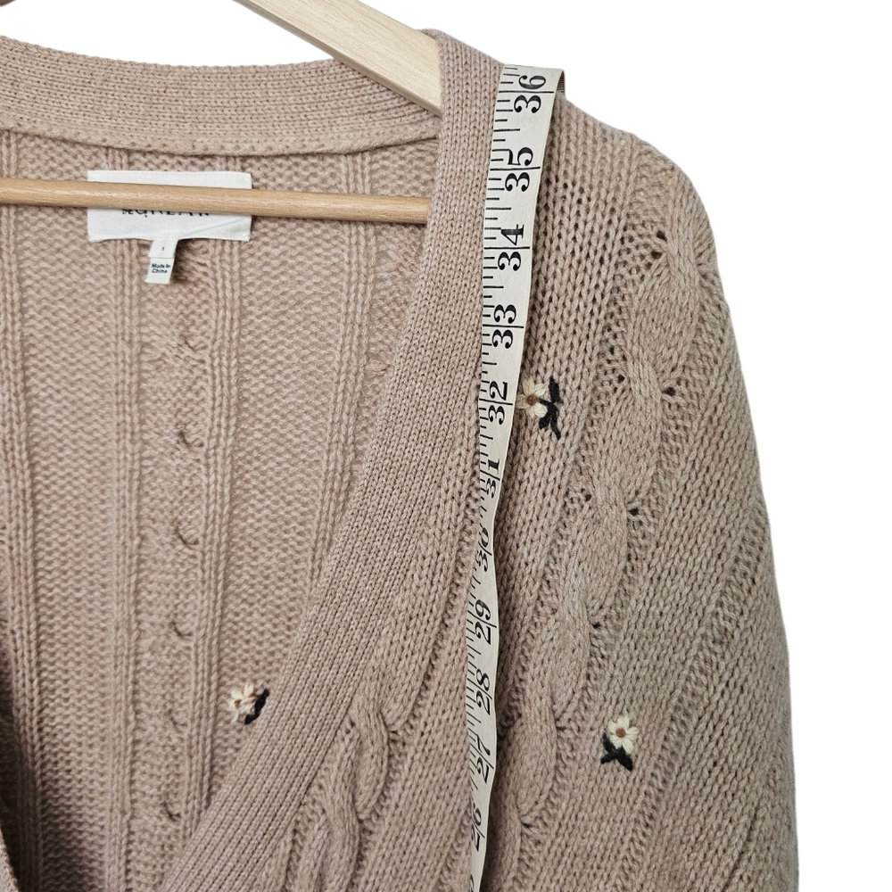 The Great  Embroidered Wool Cashmere Knit Cardigan Oatmeal Long Size 1 US Small - Picture 8 of 11